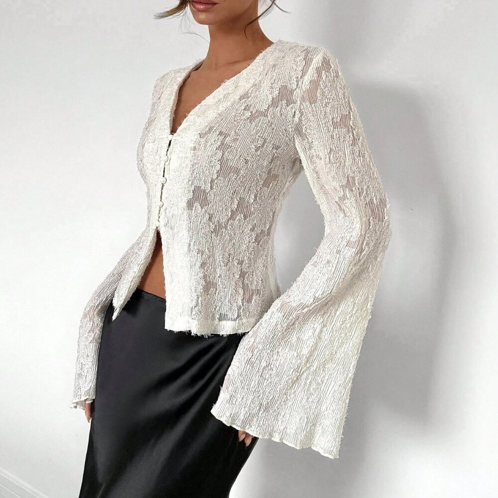 White Elegant Women's Lace Bell Sleeve Blouse - Picture 4 of 6
